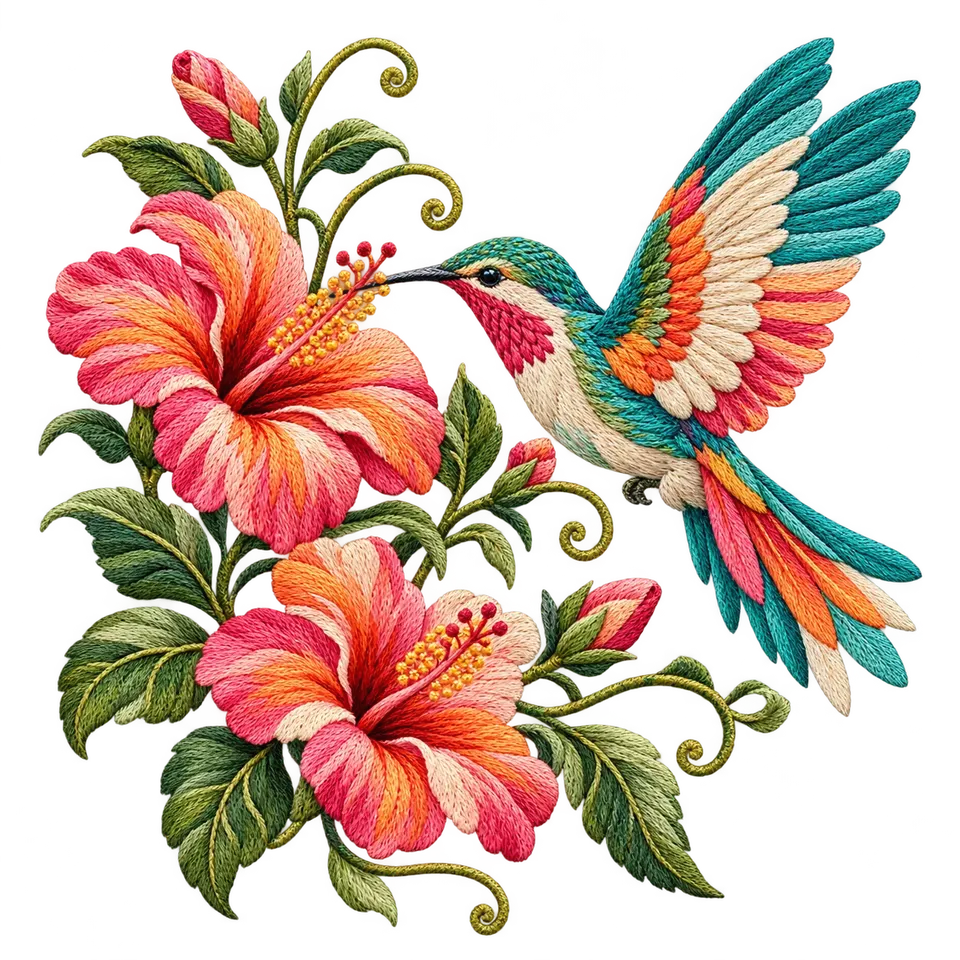 Colourful embroidered hummingbird with coral hibiscus flowers