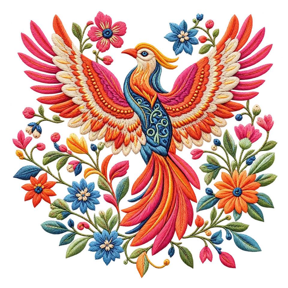 Floral phoenix embroidery illustration